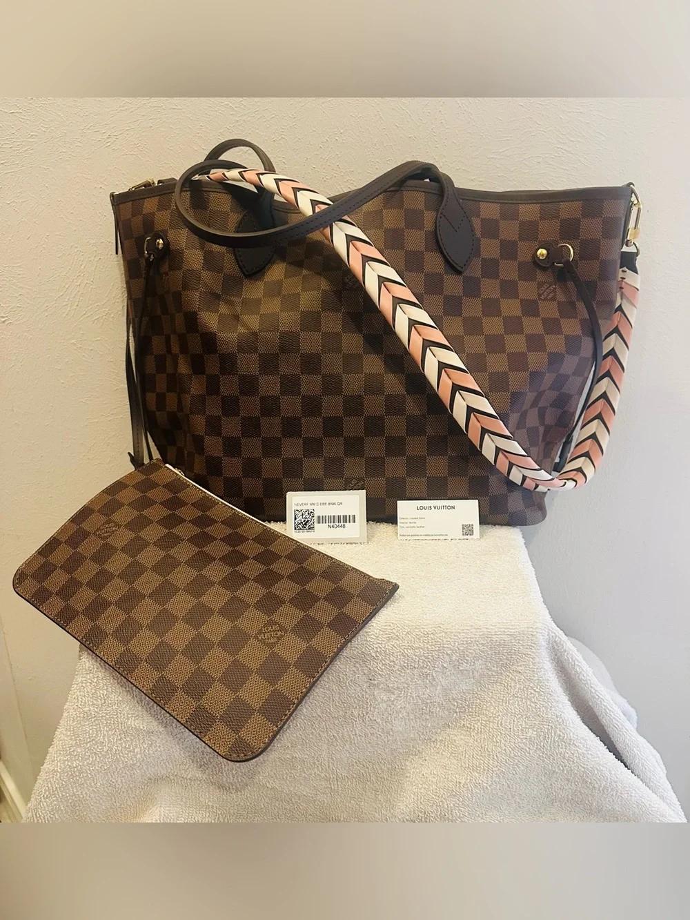 Louis Vuitton Brown Damier mm Canvas Tote with Pink Chevron Strap